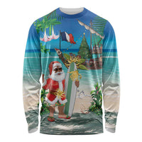 Mayotte Christmas Long Sleeve Shirt Santa Chill on Tropical Beach - Wonder Print Shop