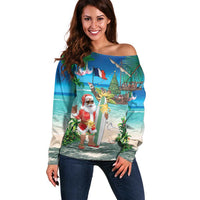 Mayotte Christmas Off Shoulder Sweater Santa Chill on Tropical Beach - Wonder Print Shop