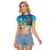 Mayotte Christmas Raglan Cropped T Shirt Santa Chill on Tropical Beach - Wonder Print Shop