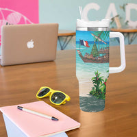 Mayotte Christmas Tumbler With Handle Santa Chill on Tropical Beach - Wonder Print Shop