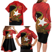 East Timor Independence Day Family Matching Long Sleeve Bodycon Dress and Hawaiian Shirt 49th Anniversary - Crocodile Curve Style - Wonder Print Shop