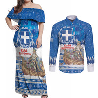 Greece Christmas Couples Matching Off Shoulder Maxi Dress and Long Sleeve Button Shirt Saint Basil Kala Cristouyenna - Wonder Print Shop