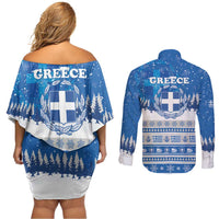 Greece Christmas Couples Matching Off Shoulder Short Dress and Long Sleeve Button Shirt Saint Basil Kala Cristouyenna - Wonder Print Shop