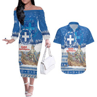 Greece Christmas Couples Matching Off The Shoulder Long Sleeve Dress and Hawaiian Shirt Saint Basil Kala Cristouyenna - Wonder Print Shop