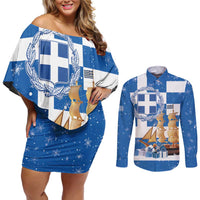 Greece Karavaki Christmas Couples Matching Off Shoulder Short Dress and Long Sleeve Button Shirt Merry Chirstmas 2025 - Wonder Print Shop