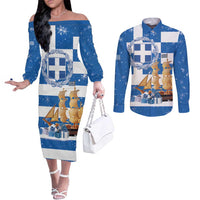 Greece Karavaki Christmas Couples Matching Off The Shoulder Long Sleeve Dress and Long Sleeve Button Shirt Merry Chirstmas 2025 - Wonder Print Shop