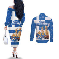 Greece Karavaki Christmas Couples Matching Off The Shoulder Long Sleeve Dress and Long Sleeve Button Shirt Merry Chirstmas 2025 - Wonder Print Shop