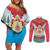 Personalised Luxembourg Christmas Couples Matching Off Shoulder Short Dress and Long Sleeve Button Shirt Schei Chreschtdeeg 2025 - Wonder Print Shop