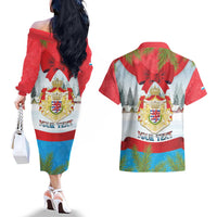 Personalised Luxembourg Christmas Couples Matching Off The Shoulder Long Sleeve Dress and Hawaiian Shirt Schei Chreschtdeeg 2025 - Wonder Print Shop
