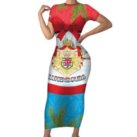 Personalised Luxembourg Christmas Short Sleeve Bodycon Dress Schei Chreschtdeeg 2025 - Wonder Print Shop