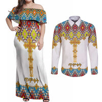 Ethiopian Epiphany Couples Matching Off Shoulder Maxi Dress and Long Sleeve Button Shirt Cross Mix Tilet Pattern - Wonder Print Shop