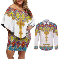 Ethiopian Epiphany Couples Matching Off Shoulder Short Dress and Long Sleeve Button Shirt Cross Mix Tilet Pattern - Wonder Print Shop