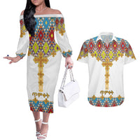 Ethiopian Epiphany Couples Matching Off The Shoulder Long Sleeve Dress and Hawaiian Shirt Cross Mix Tilet Pattern - Wonder Print Shop