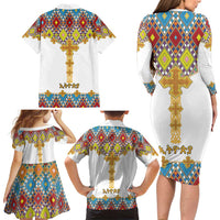 Ethiopian Epiphany Family Matching Long Sleeve Bodycon Dress and Hawaiian Shirt Cross Mix Tilet Pattern - Wonder Print Shop