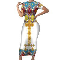 Ethiopian Epiphany Short Sleeve Bodycon Dress Cross Mix Tilet Pattern - Wonder Print Shop