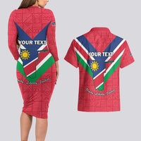 Personalised Namibia Independence Day Couples Matching Long Sleeve Bodycon Dress and Hawaiian Shirt Coat Of Arms With Flag Map - Wonder Print Shop