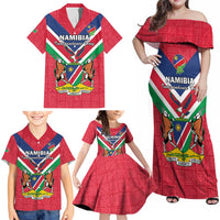 Personalised Namibia Independence Day Family Matching Off Shoulder Maxi Dress and Hawaiian Shirt Coat Of Arms With Flag Map - Wonder Print Shop