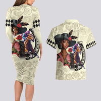 Kentucky Horse Racing Couples Matching Long Sleeve Bodycon Dress and Hawaiian Shirt Black Derby Lady Cream Roses