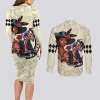 Kentucky Horse Racing Couples Matching Long Sleeve Bodycon Dress and Long Sleeve Button Shirt Black Derby Lady Cream Roses