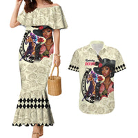 Kentucky Horse Racing Couples Matching Mermaid Dress and Hawaiian Shirt Black Derby Lady Cream Roses