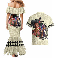 Kentucky Horse Racing Couples Matching Mermaid Dress and Hawaiian Shirt Black Derby Lady Cream Roses