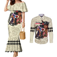 Kentucky Horse Racing Couples Matching Mermaid Dress and Long Sleeve Button Shirt Black Derby Lady Cream Roses