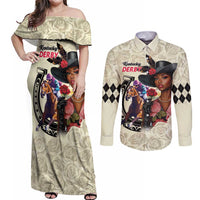Kentucky Horse Racing Couples Matching Off Shoulder Maxi Dress and Long Sleeve Button Shirt Black Derby Lady Cream Roses