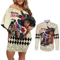 Kentucky Horse Racing Couples Matching Off Shoulder Short Dress and Long Sleeve Button Shirt Black Derby Lady Cream Roses