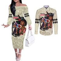 Kentucky Horse Racing Couples Matching Off The Shoulder Long Sleeve Dress and Long Sleeve Button Shirt Black Derby Lady Cream Roses
