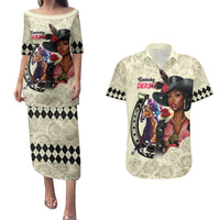 Kentucky Horse Racing Couples Matching Puletasi and Hawaiian Shirt Black Derby Lady Cream Roses