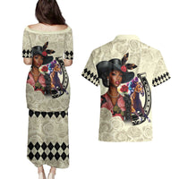 Kentucky Horse Racing Couples Matching Puletasi and Hawaiian Shirt Black Derby Lady Cream Roses