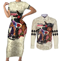 Kentucky Horse Racing Couples Matching Short Sleeve Bodycon Dress and Long Sleeve Button Shirt Black Derby Lady Cream Roses