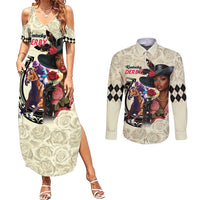 Kentucky Horse Racing Couples Matching Summer Maxi Dress and Long Sleeve Button Shirt Black Derby Lady Cream Roses