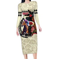 Kentucky Horse Racing Family Matching Long Sleeve Bodycon Dress and Hawaiian Shirt Black Derby Lady Cream Roses