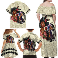 Kentucky Horse Racing Family Matching Off Shoulder Maxi Dress and Hawaiian Shirt Black Derby Lady Cream Roses