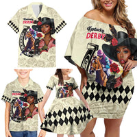 Kentucky Horse Racing Family Matching Off Shoulder Short Dress and Hawaiian Shirt Black Derby Lady Cream Roses
