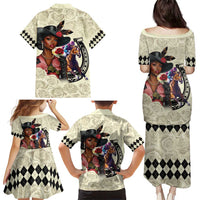 Kentucky Horse Racing Family Matching Puletasi and Hawaiian Shirt Black Derby Lady Cream Roses