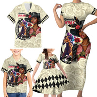 Kentucky Horse Racing Family Matching Short Sleeve Bodycon Dress and Hawaiian Shirt Black Derby Lady Cream Roses