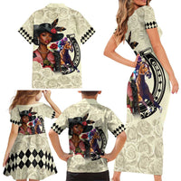 Kentucky Horse Racing Family Matching Short Sleeve Bodycon Dress and Hawaiian Shirt Black Derby Lady Cream Roses