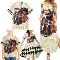 Kentucky Horse Racing Family Matching Summer Maxi Dress and Hawaiian Shirt Black Derby Lady Cream Roses