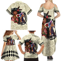 Kentucky Horse Racing Family Matching Summer Maxi Dress and Hawaiian Shirt Black Derby Lady Cream Roses