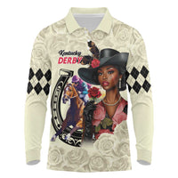 Kentucky Horse Racing Long Sleeve Polo Shirt Black Derby Lady Cream Roses