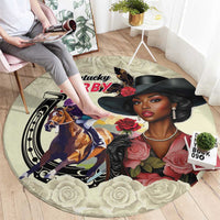 Kentucky Horse Racing Round Carpet Black Derby Lady Cream Roses