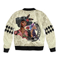 Kentucky Horse Racing Sleeve Zip Bomber Jacket Black Derby Lady Cream Roses