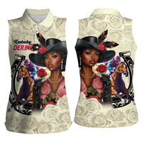 Kentucky Horse Racing Women Sleeveless Polo Shirt Black Derby Lady Cream Roses
