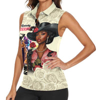 Kentucky Horse Racing Women Sleeveless Polo Shirt Black Derby Lady Cream Roses