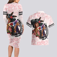 Kentucky Horse Racing Couples Matching Long Sleeve Bodycon Dress and Hawaiian Shirt Black Derby Lady Pink Roses