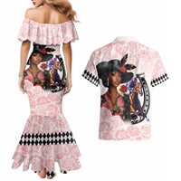 Kentucky Horse Racing Couples Matching Mermaid Dress and Hawaiian Shirt Black Derby Lady Pink Roses