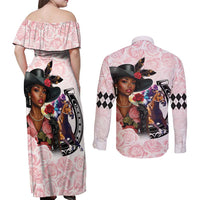 Kentucky Horse Racing Couples Matching Off Shoulder Maxi Dress and Long Sleeve Button Shirt Black Derby Lady Pink Roses