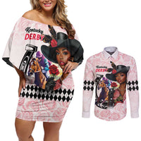 Kentucky Horse Racing Couples Matching Off Shoulder Short Dress and Long Sleeve Button Shirt Black Derby Lady Pink Roses
